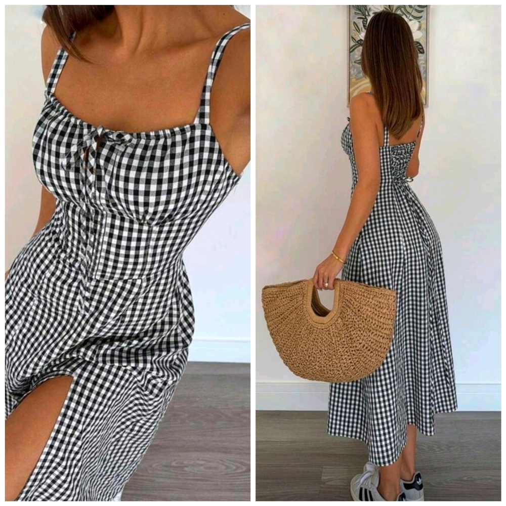 New Gingham Lace Up Back A Line Midi Dress Black White Cotton